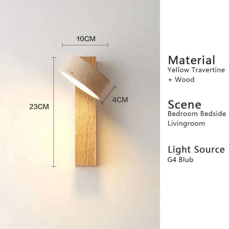 Wabi Sabi Yellow Travertine Wall Lamp with Pull Chain Switch Rotable Nordic Design LED Wood Stone Lights for Bedside Apartment