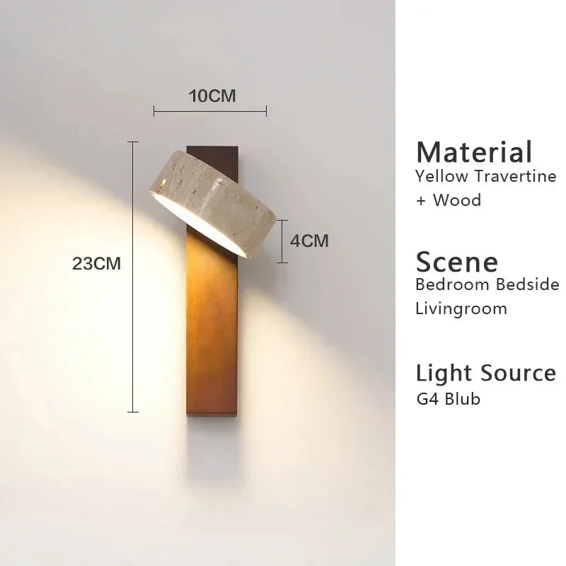 Wabi Sabi Yellow Travertine Wall Lamp with Pull Chain Switch Rotable Nordic Design LED Wood Stone Lights for Bedside Apartment