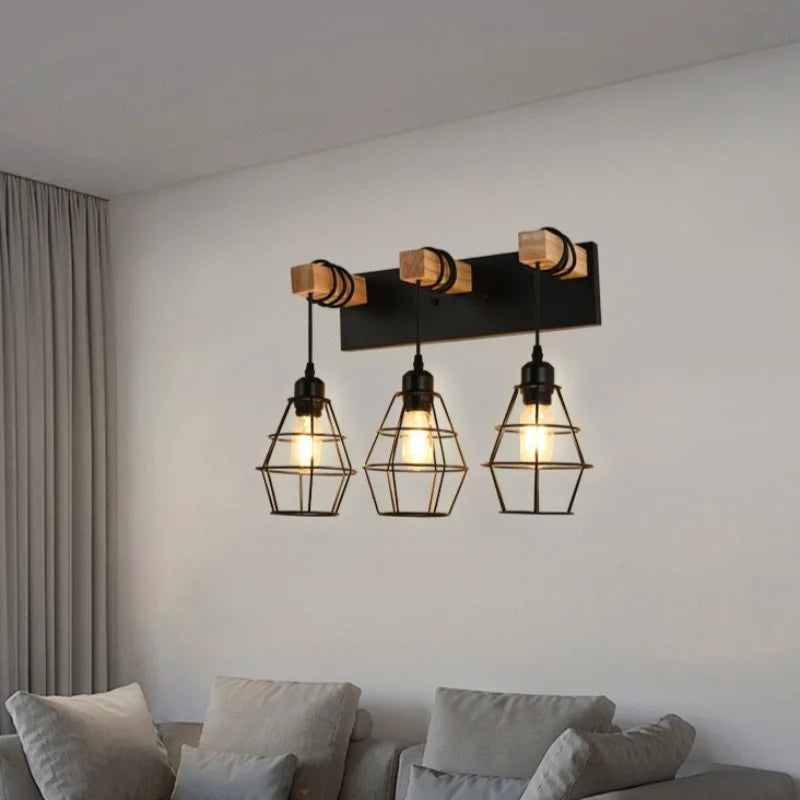 Nordic Creative Bedroom Bedside Lamp Personalized Solid Wood Wall Lamp Modern Simple Aisle Balcony Wrought Iron Light